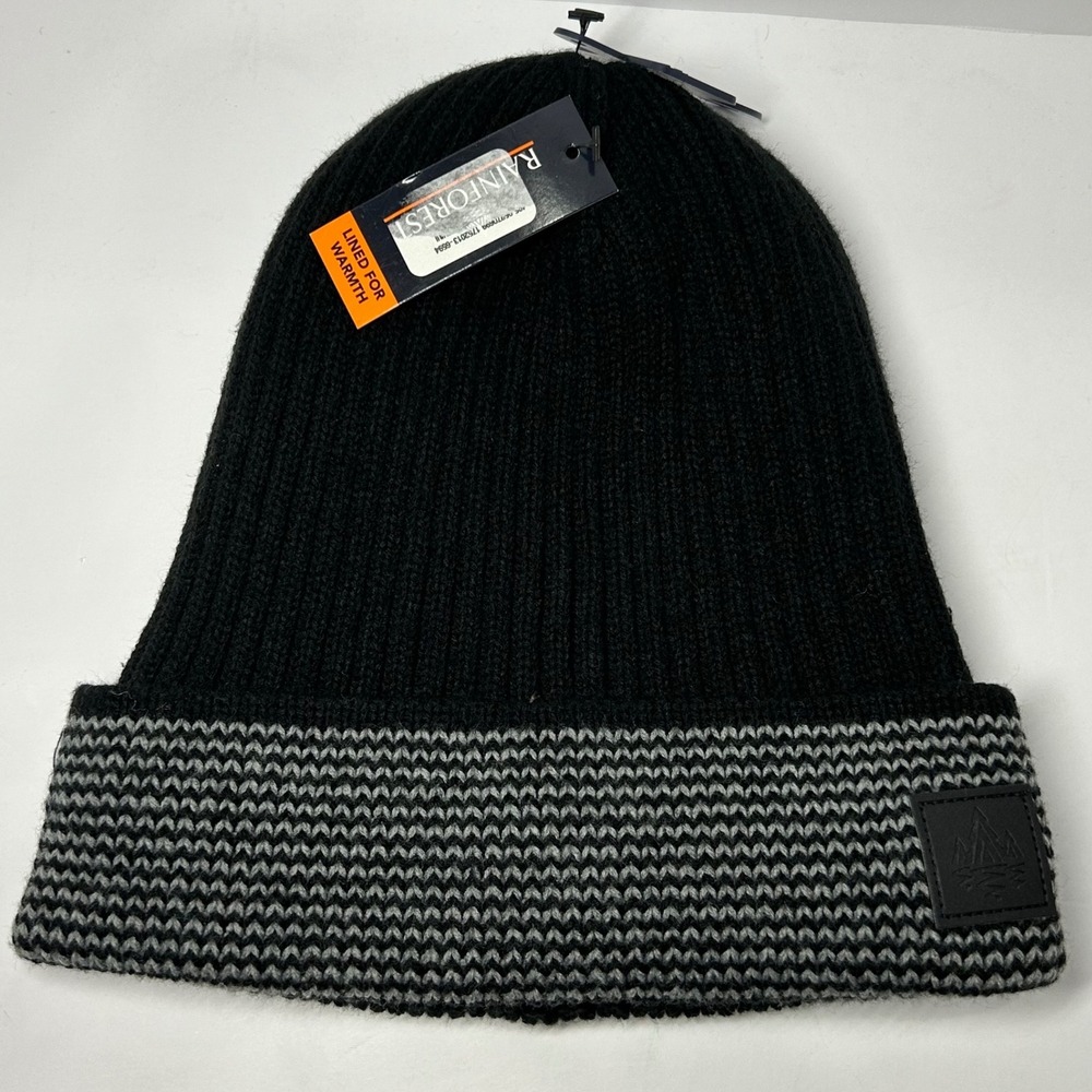 Rainforest Mens Fleece Lined Ribbed‎ Beanie Black Grey New Winter Hat Tossle Cap